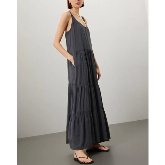 Splendid Dark Gray Tiered Ruffle Sundress Maxi Dress MEDIUM Embroider Boho $188 - Picture 4 of 11